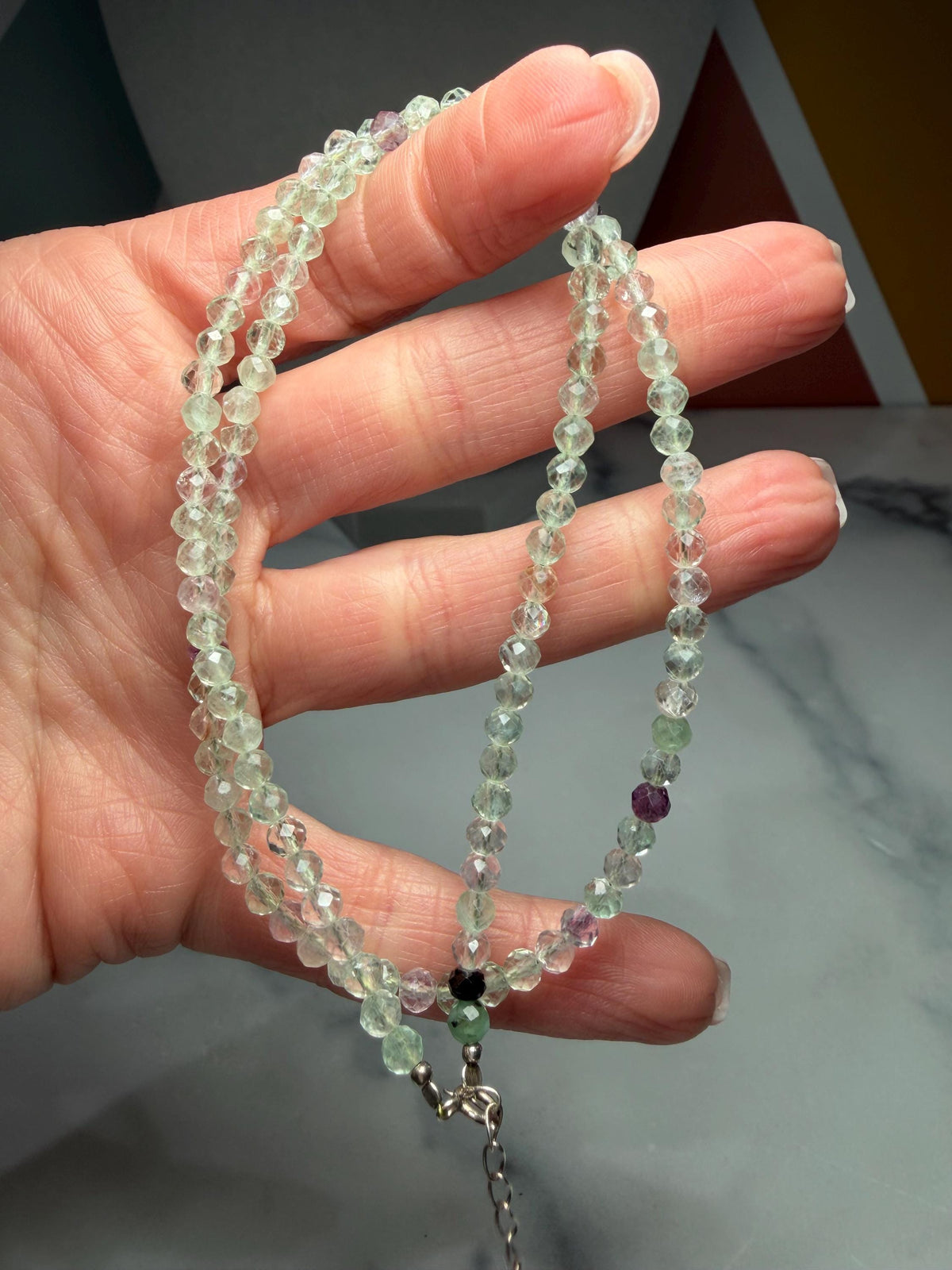 Faceted Fluorite Beaded Necklace, Sterling Silver Chain, Multicolor Gemstone, Adjustable Length