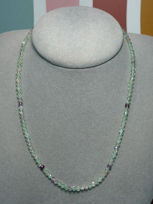Faceted Fluorite Beaded Necklace, Sterling Silver Chain, Multicolor Gemstone, Adjustable Length