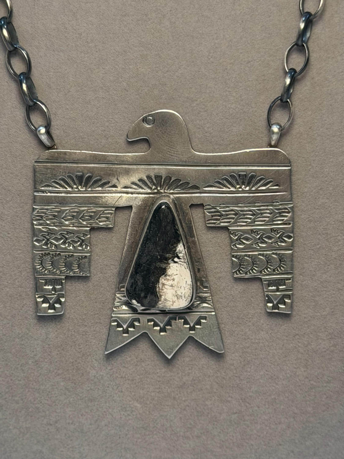 Sterling Silver Thunderbird Necklace, White Buffalo Stone, Southwest Pendant, Rick Enriquez, 18" Chain
