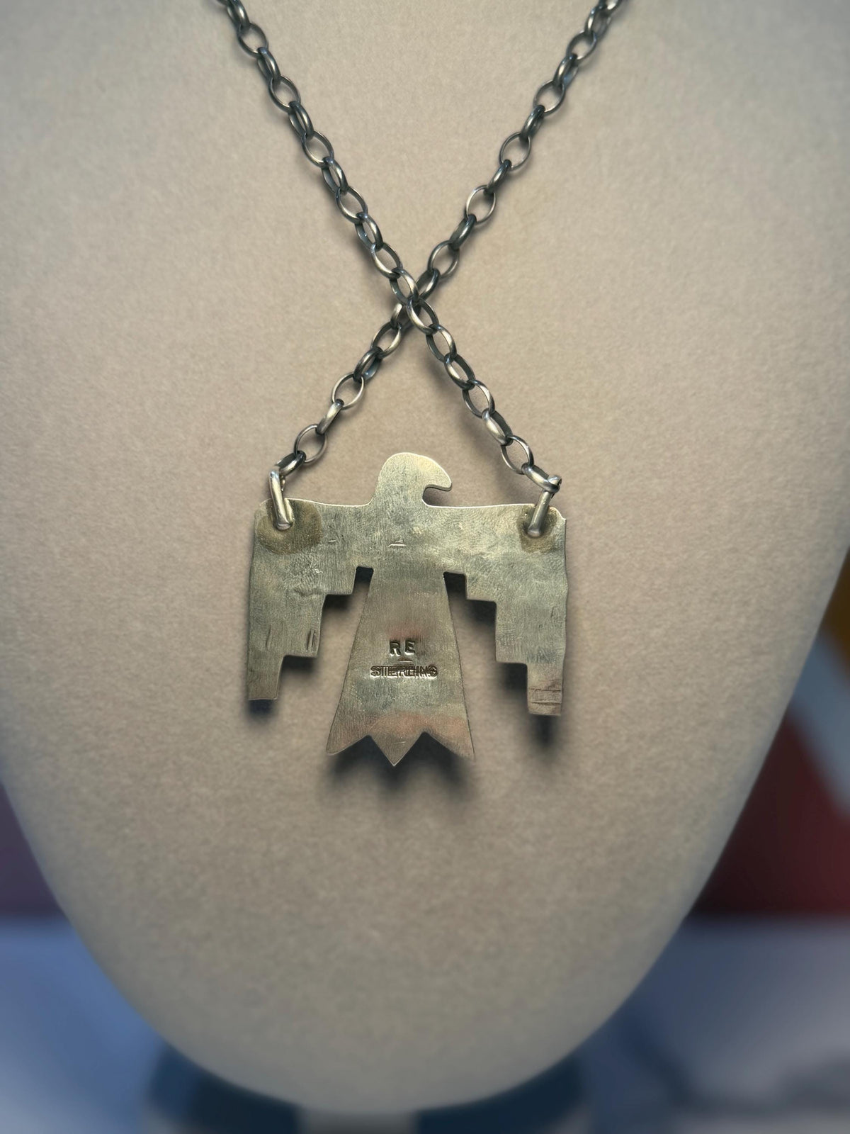 Sterling Silver Thunderbird Necklace, White Buffalo Stone, Southwest Pendant, Rick Enriquez, 18" Chain
