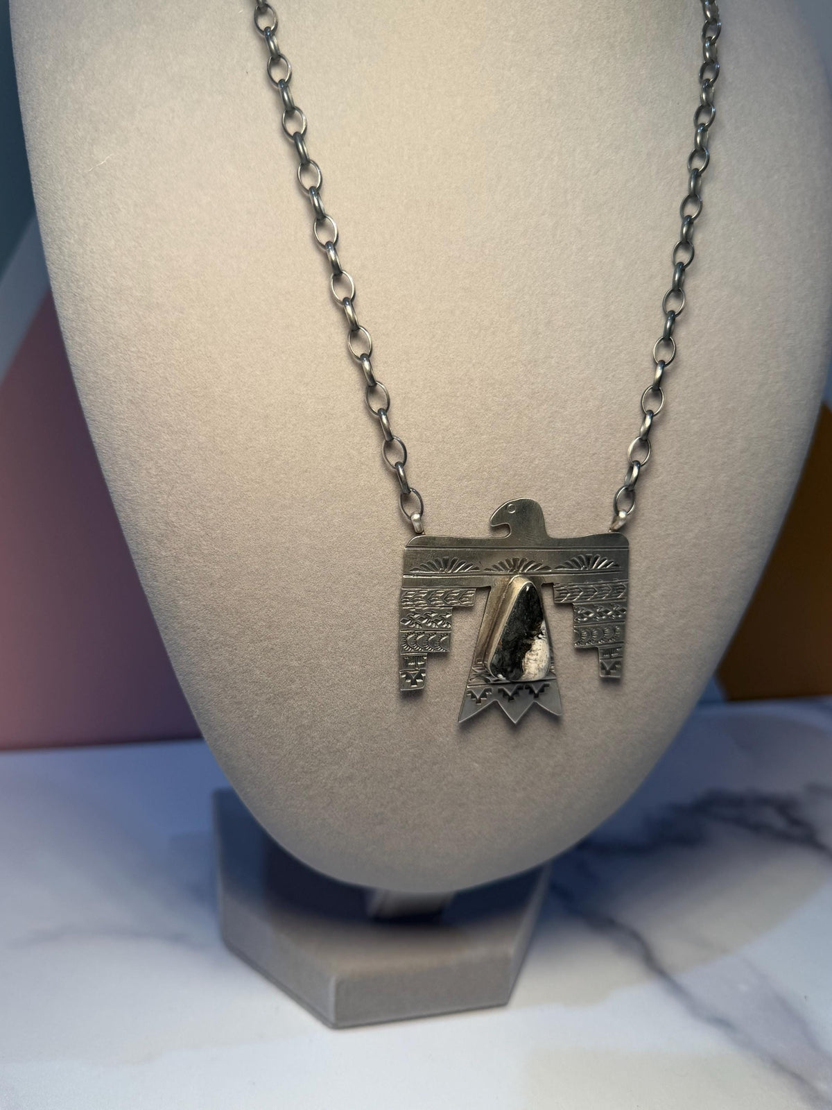 Sterling Silver Thunderbird Necklace, White Buffalo Stone, Southwest Pendant, Rick Enriquez, 18" Chain