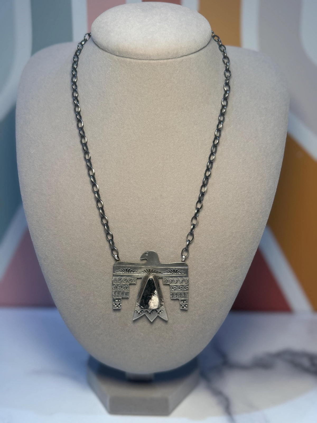 Sterling Silver Thunderbird Necklace, White Buffalo Stone, Southwest Pendant, Rick Enriquez, 18" Chain