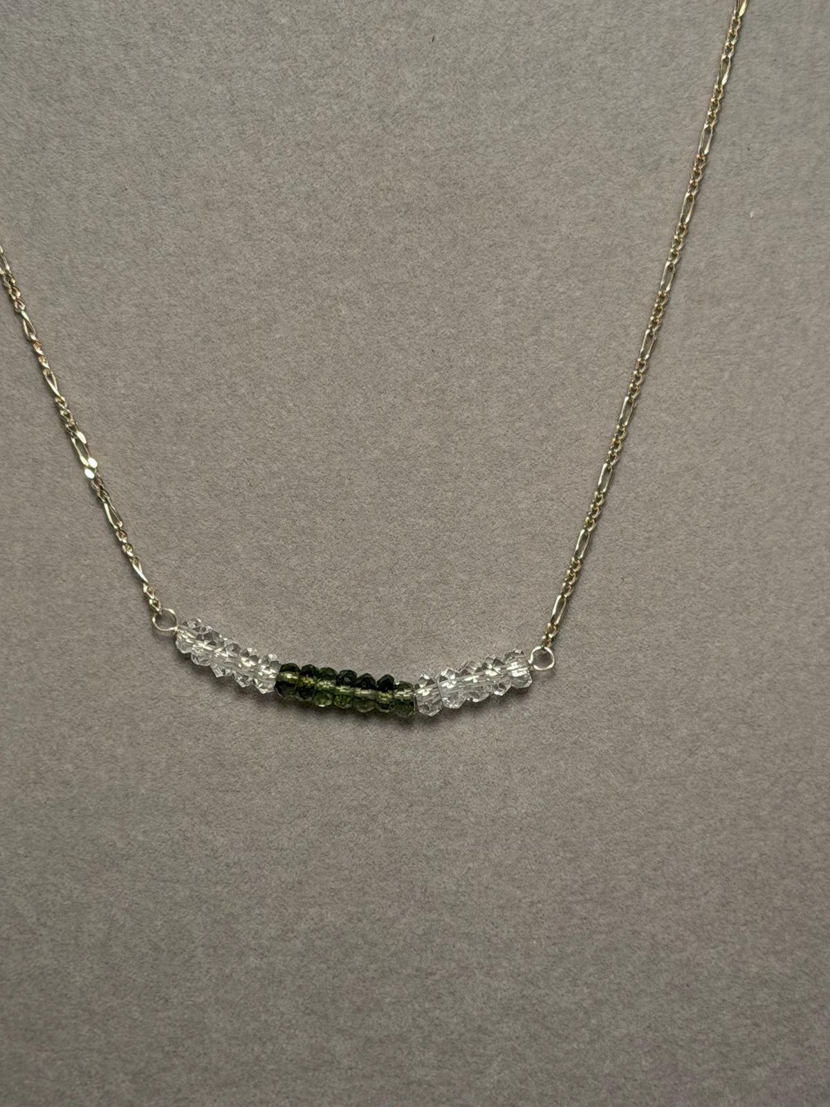 Faceted Moldavite Herkimer Diamond Rondelle Necklace, Sterling Silver Chain (16 Inch + 2 Inch Extender)