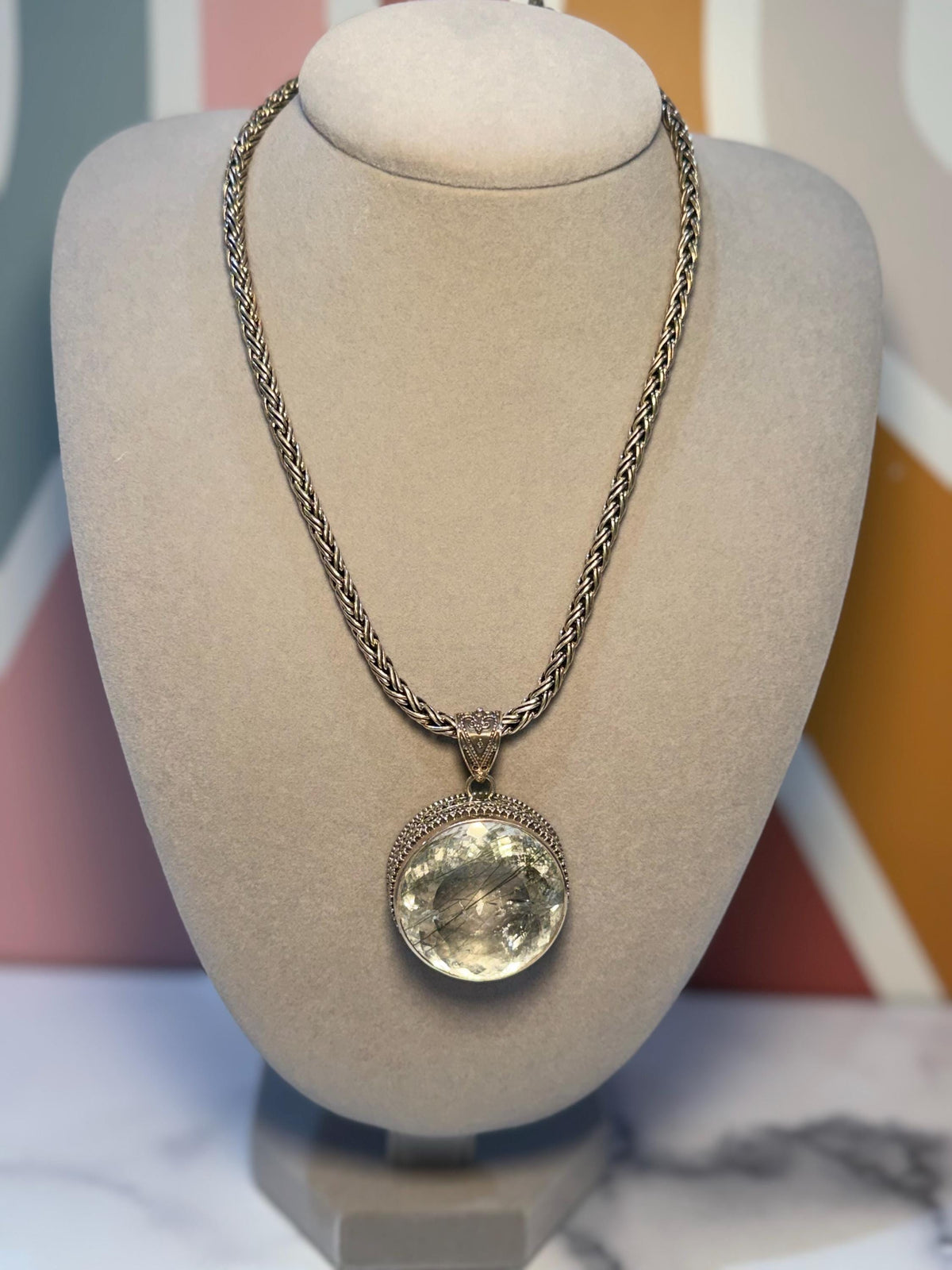 Faceted Rutilated Quartz Pendant, Black Rutile Sterling Silver Ornate Necklace