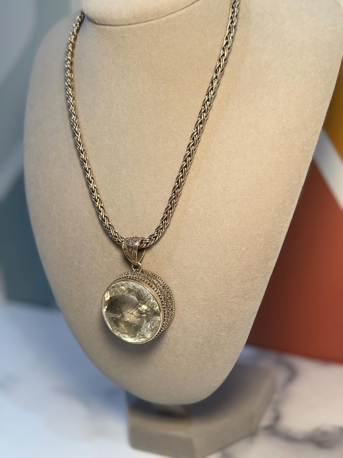 Faceted Rutilated Quartz Pendant, Black Rutile Sterling Silver Ornate Necklace