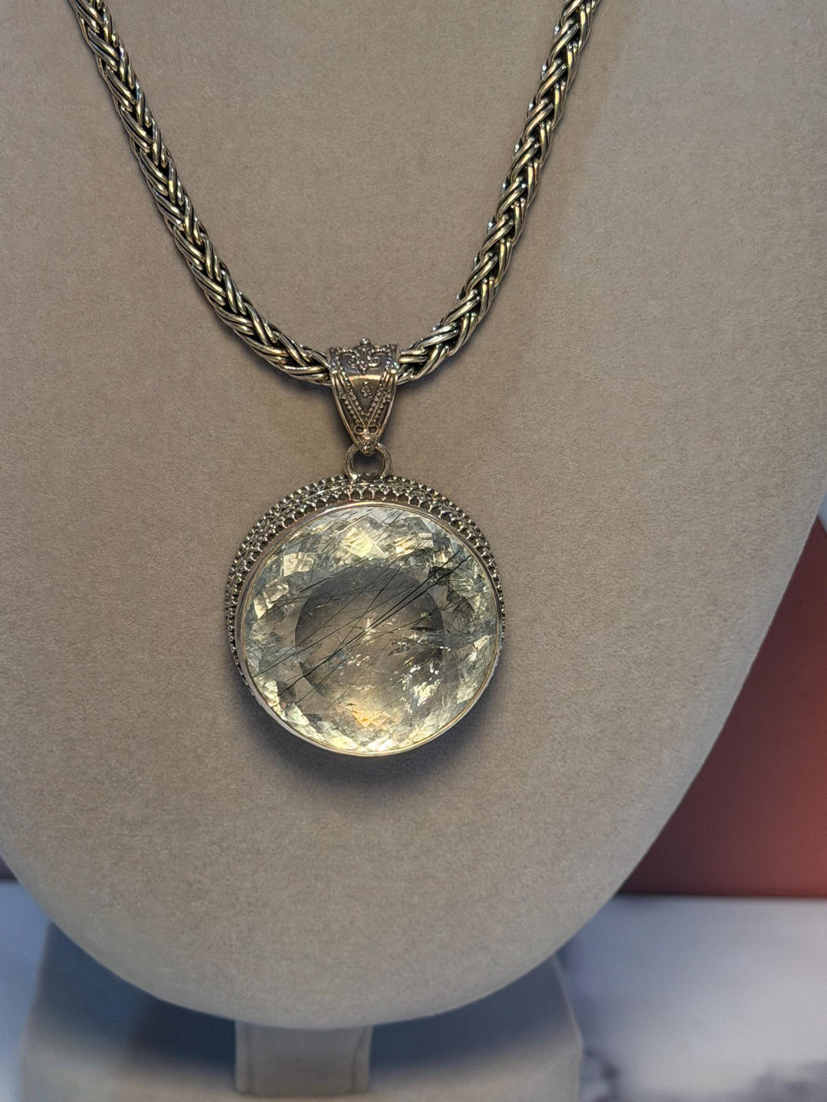 Faceted Rutilated Quartz Pendant, Black Rutile Sterling Silver Ornate Necklace