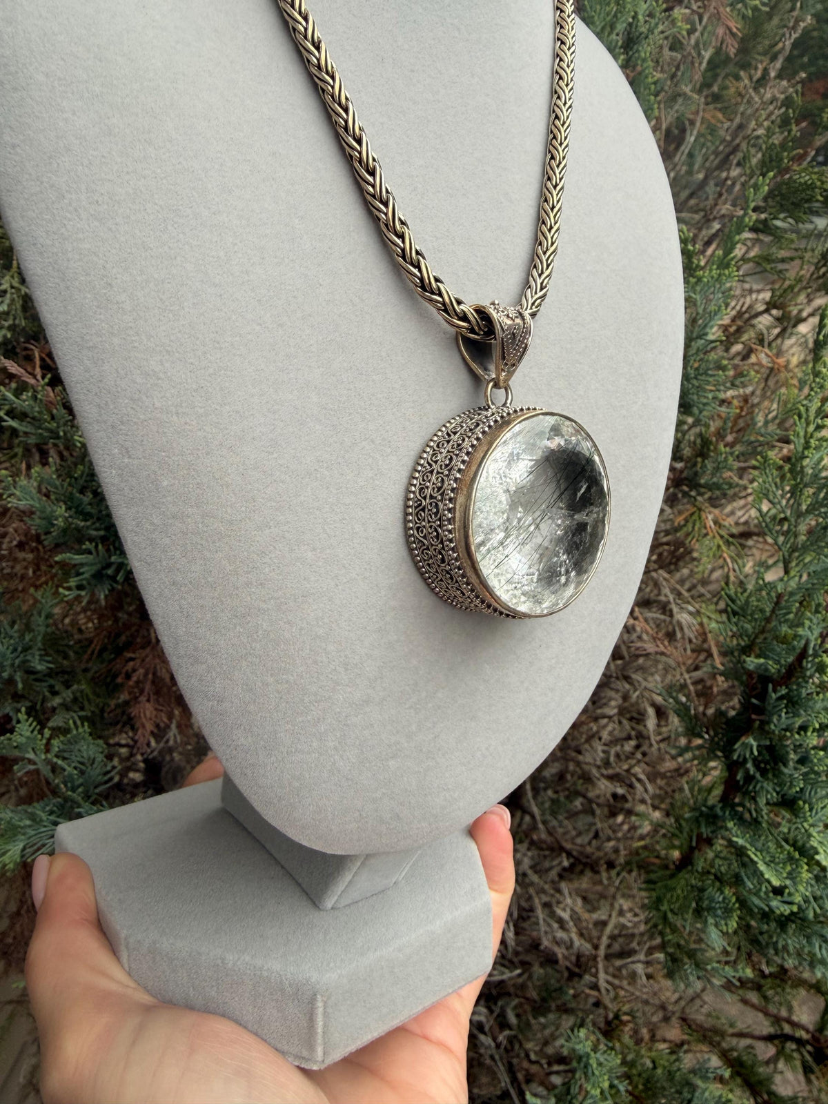 Faceted Rutilated Quartz Pendant, Black Rutile Sterling Silver Ornate Necklace