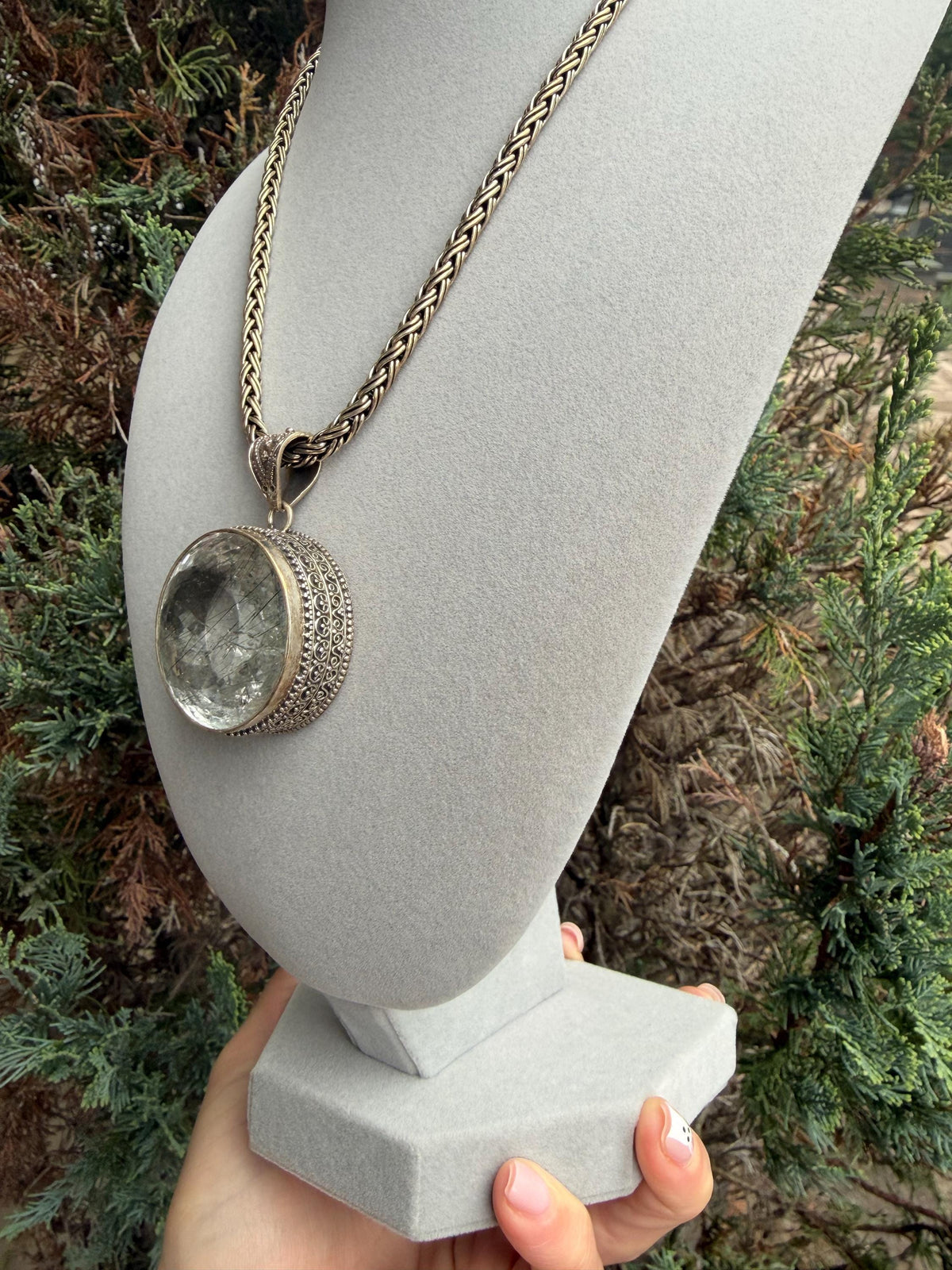 Faceted Rutilated Quartz Pendant, Black Rutile Sterling Silver Ornate Necklace