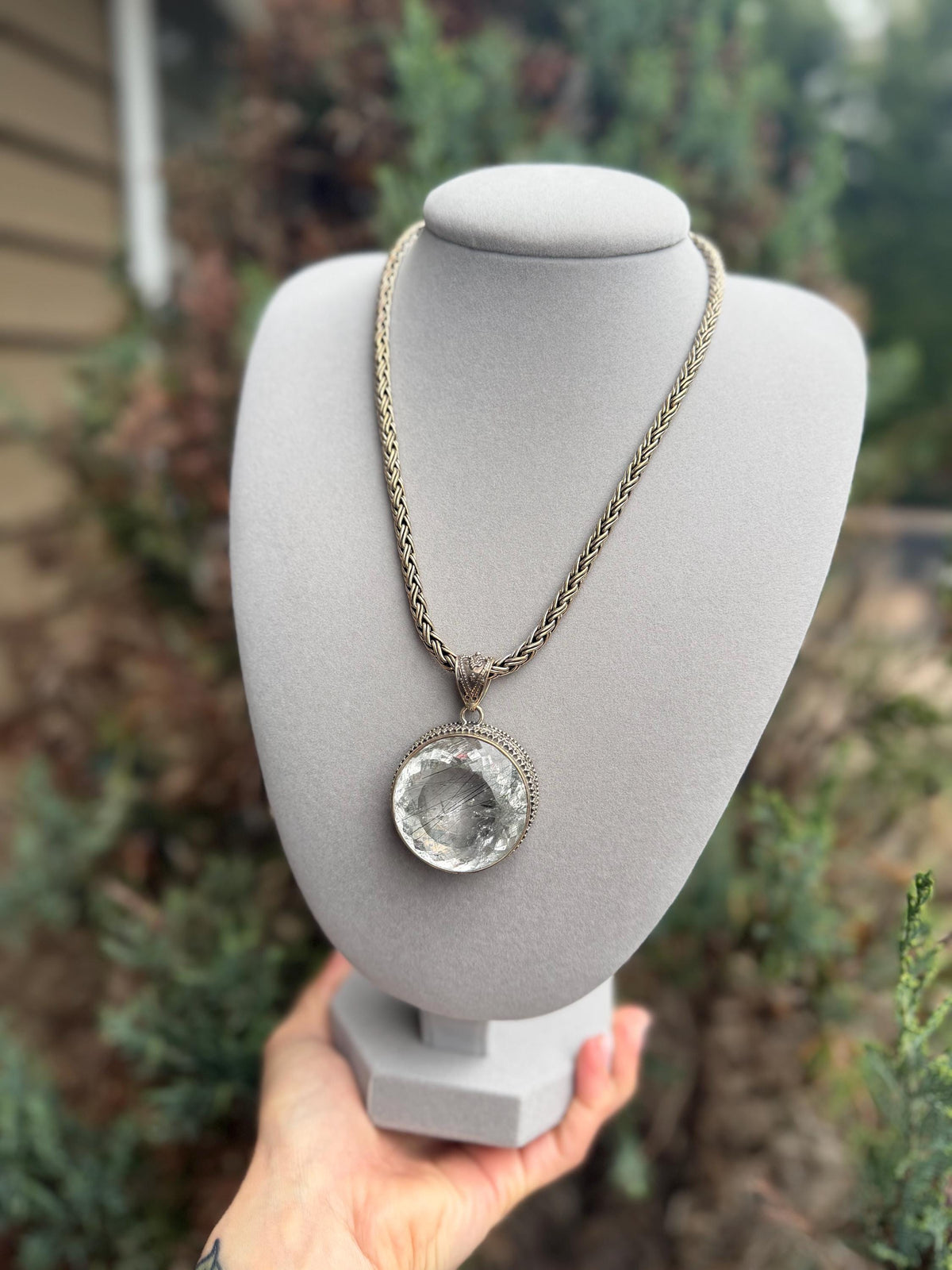 Faceted Rutilated Quartz Pendant, Black Rutile Sterling Silver Ornate Necklace
