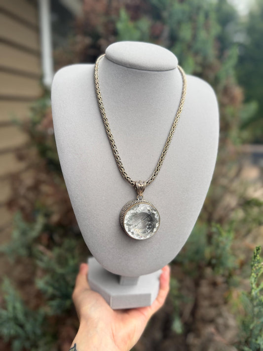 Faceted Rutilated Quartz Pendant, Black Rutile Sterling Silver Ornate Necklace