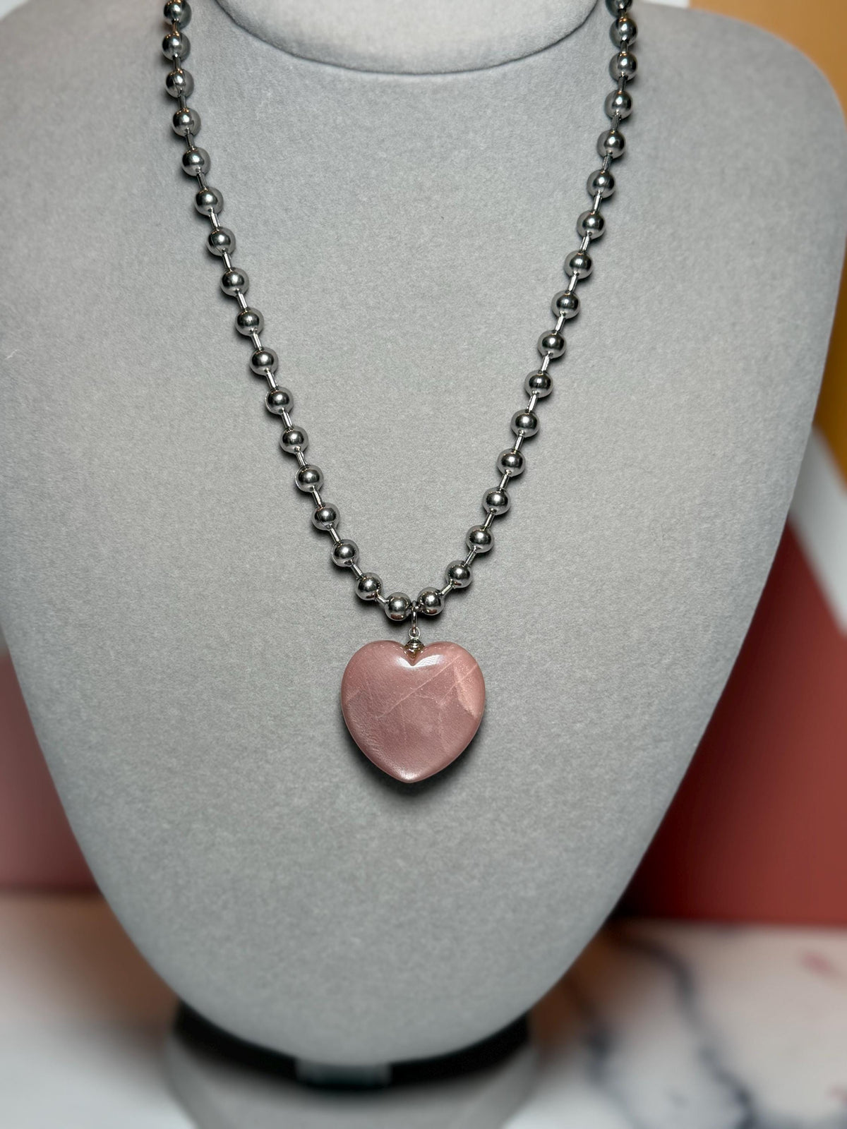Sunstone Heart Necklace, Sterling Silver Ball Chain, Minimal Gemstone Jewelry