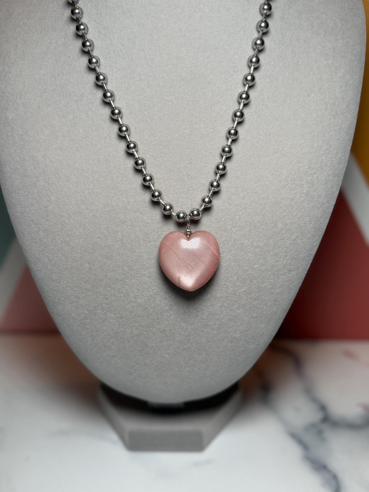 Sunstone Heart Necklace, Sterling Silver Ball Chain, Minimal Gemstone Jewelry