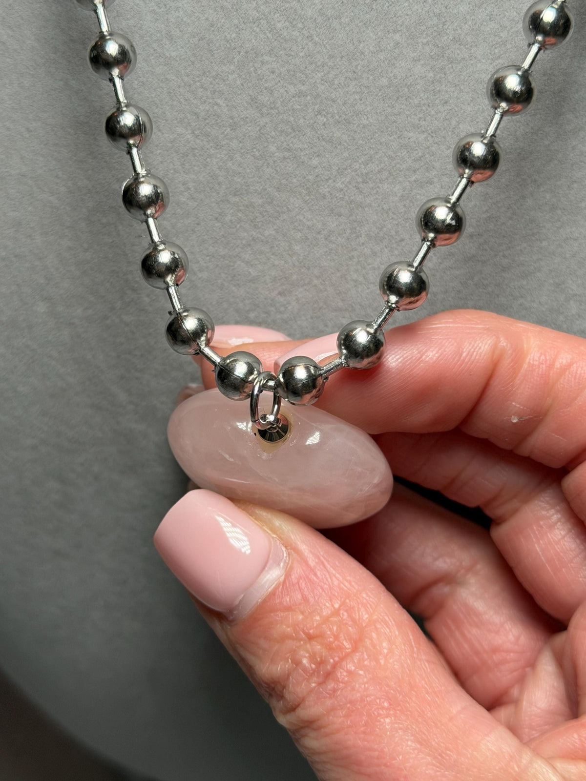 Rose Quartz Heart Pendant Necklace, Sterling Silver Ball Chain, 17 Inch Length