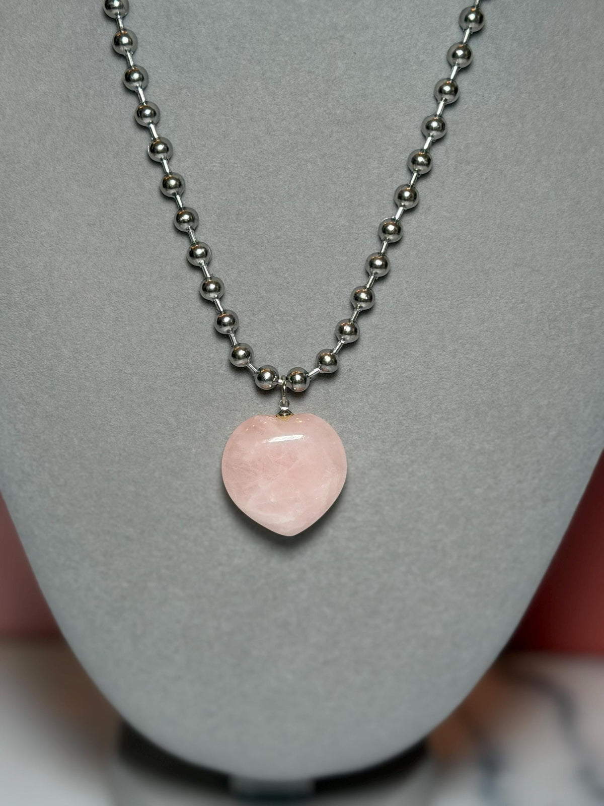 Rose Quartz Heart Pendant Necklace, Sterling Silver Ball Chain, 17 Inch Length