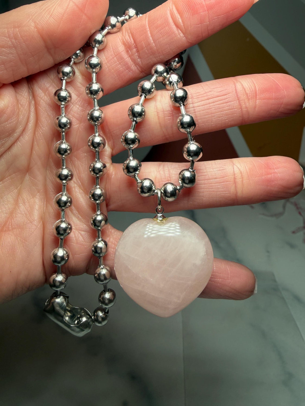 Rose Quartz Heart Pendant Necklace, Sterling Silver Ball Chain, 17 Inch Length