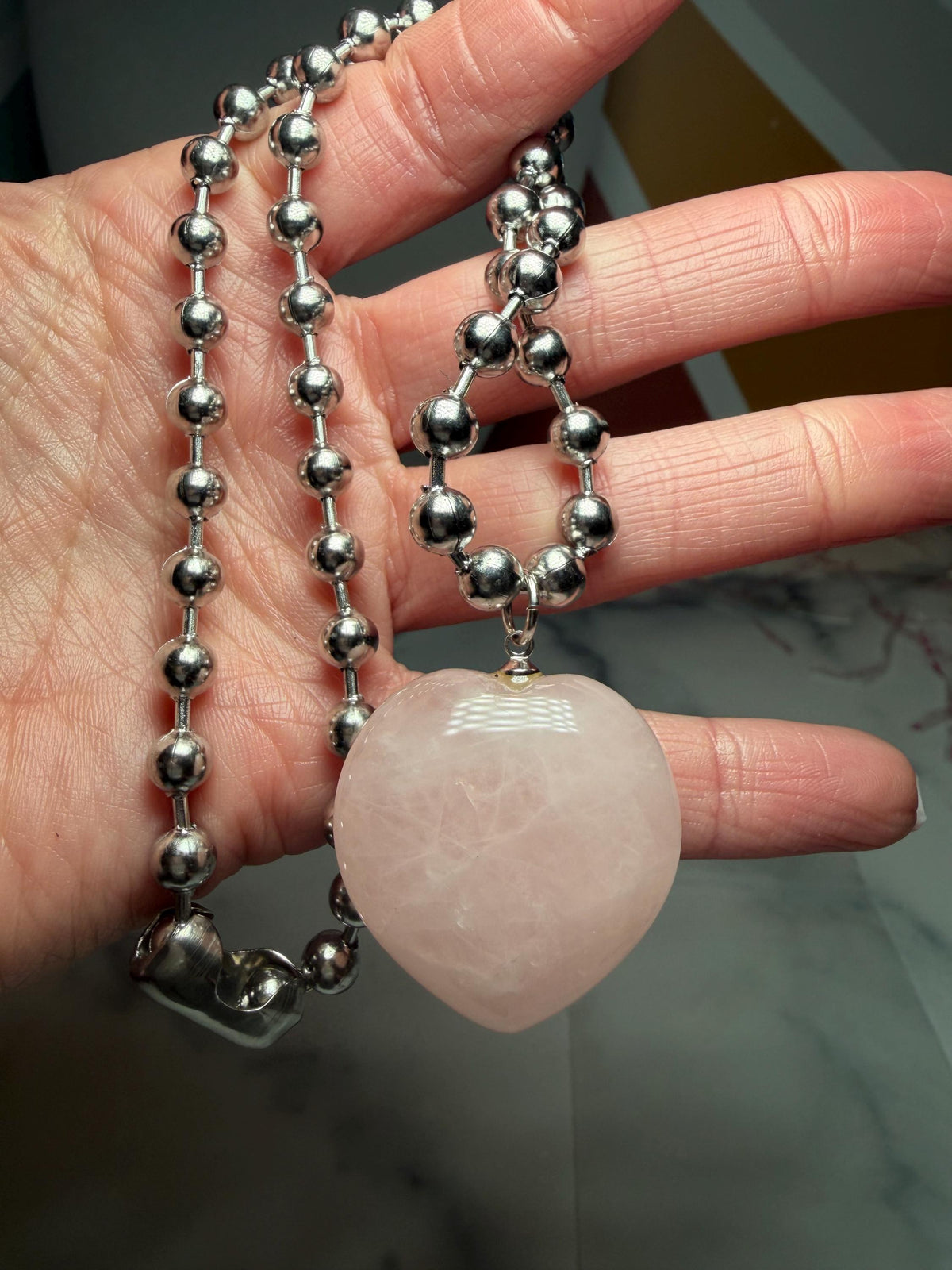 Rose Quartz Heart Pendant Necklace, Sterling Silver Ball Chain, 17 Inch Length