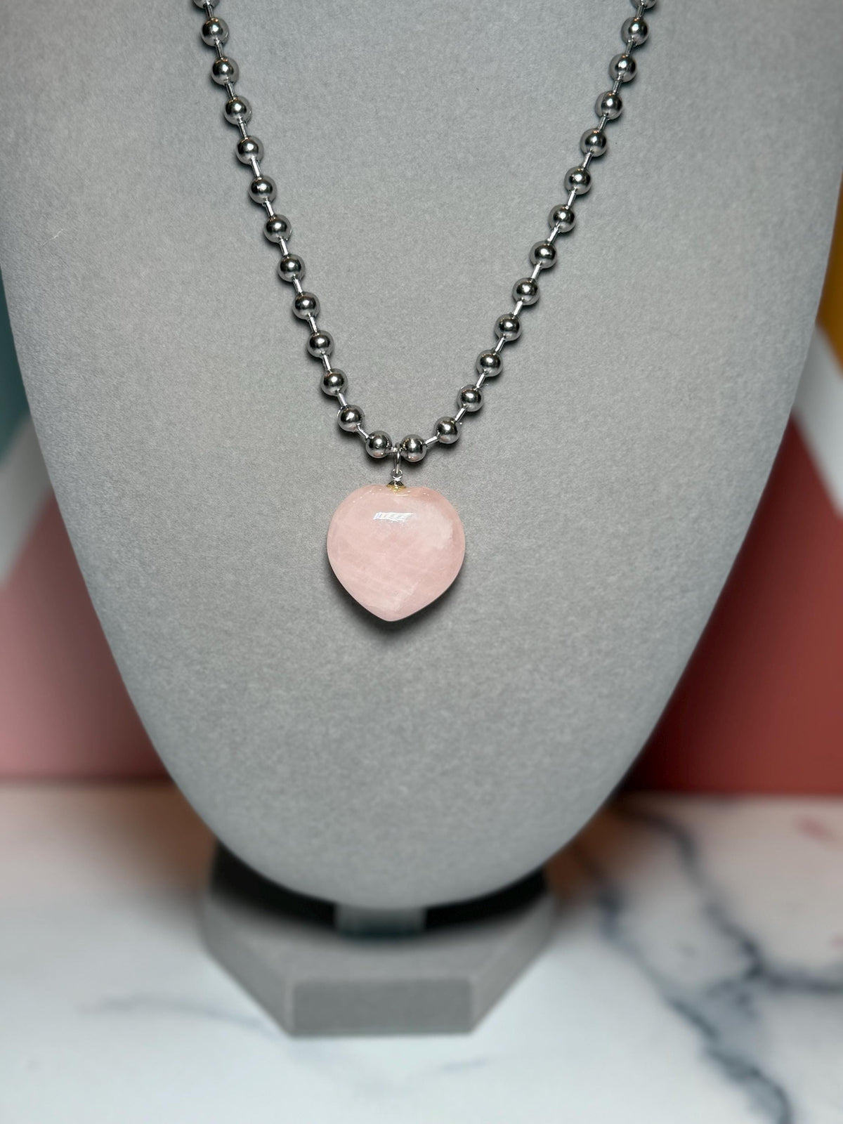 Rose Quartz Heart Pendant Necklace, Sterling Silver Ball Chain, 17 Inch Length