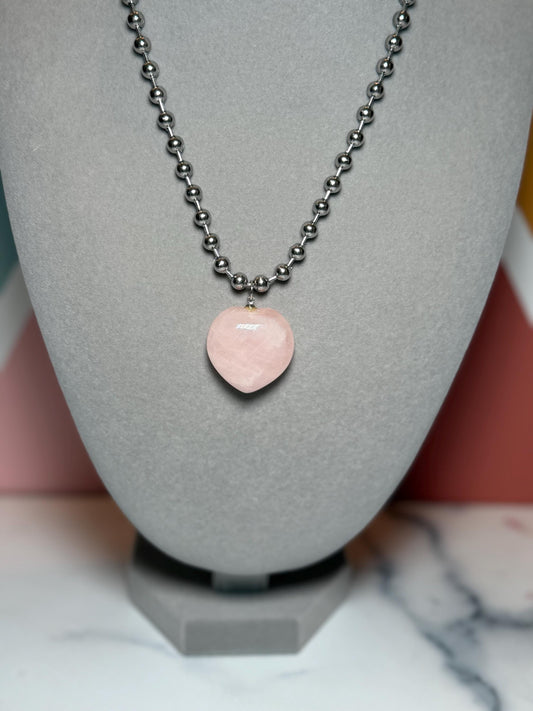 Rose Quartz Heart Pendant Necklace, Sterling Silver Ball Chain, 17 Inch Length