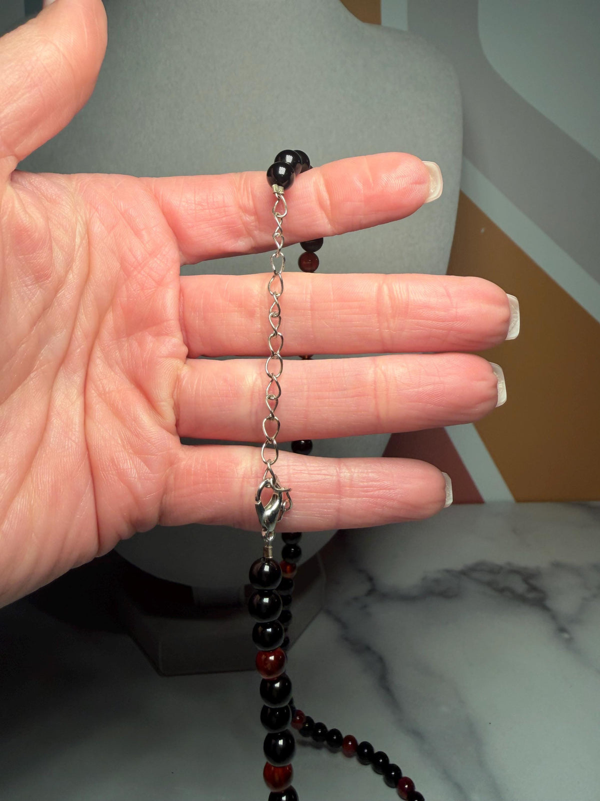 Garnet Black Obsidian Beaded Necklace, 18 Inch Gemstone Chain (3 Inch Extender)