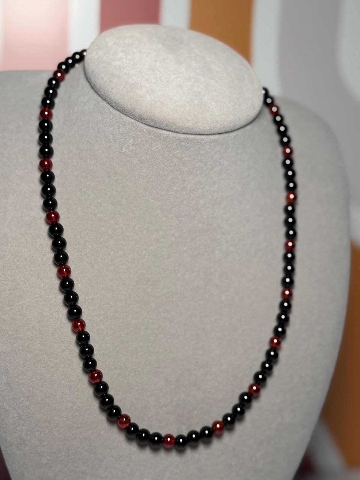 Garnet Black Obsidian Beaded Necklace, 18 Inch Gemstone Chain (3 Inch Extender)