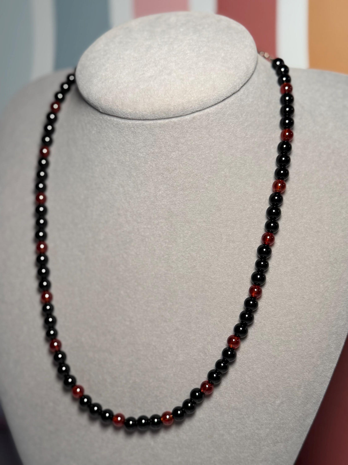 Garnet Black Obsidian Beaded Necklace, 18 Inch Gemstone Chain (3 Inch Extender)