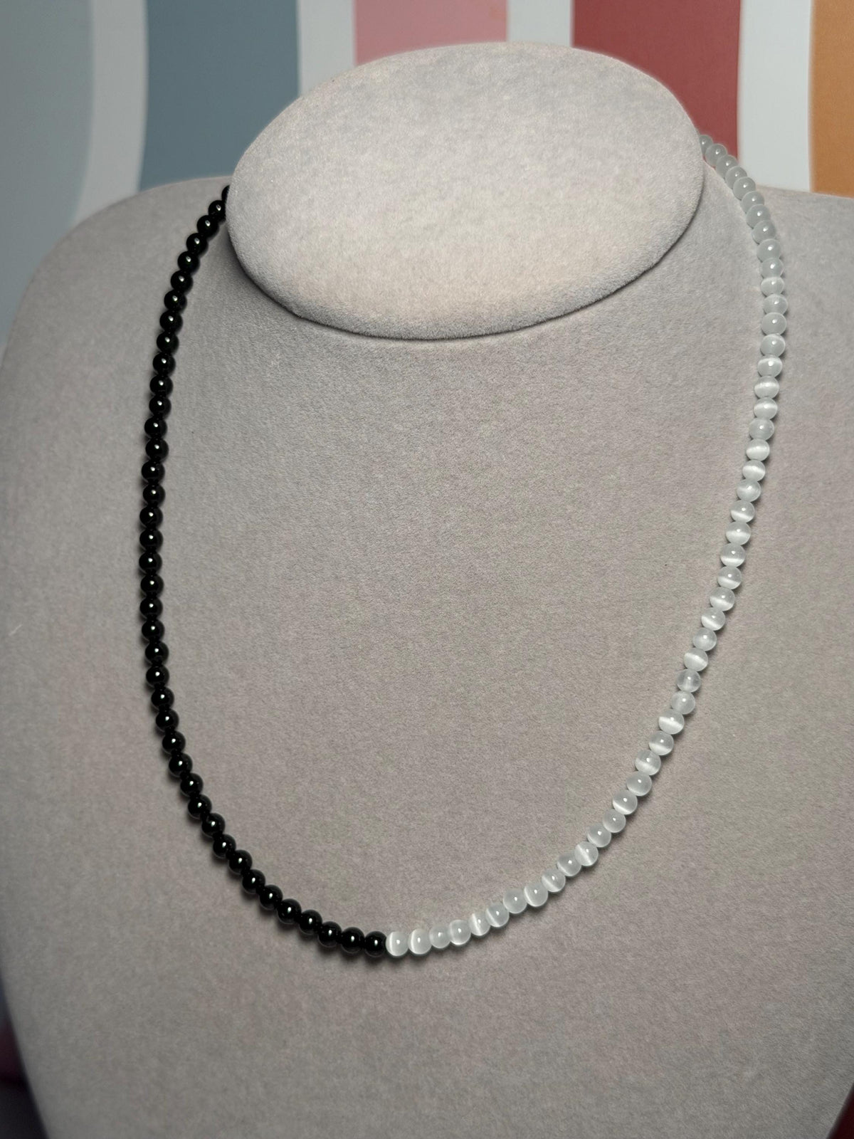 Selenite Black Obsidian Beaded Necklace, Gold Plated Clasp, 17.5 Inch