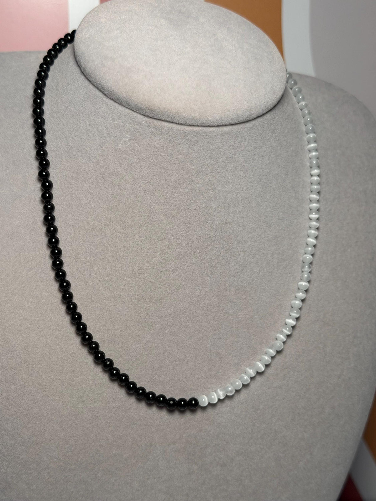 Selenite Black Obsidian Beaded Necklace, Gold Plated Clasp, 17.5 Inch