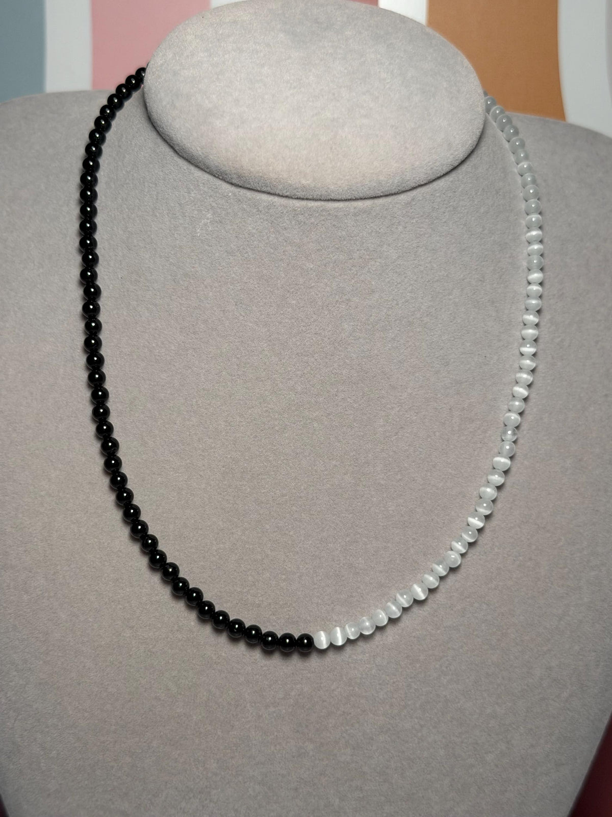 Selenite Black Obsidian Beaded Necklace, Gold Plated Clasp, 17.5 Inch