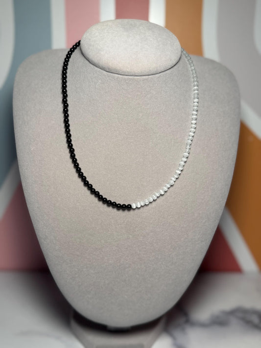 Selenite Black Obsidian Beaded Necklace, Gold Plated Clasp, 17.5 Inch