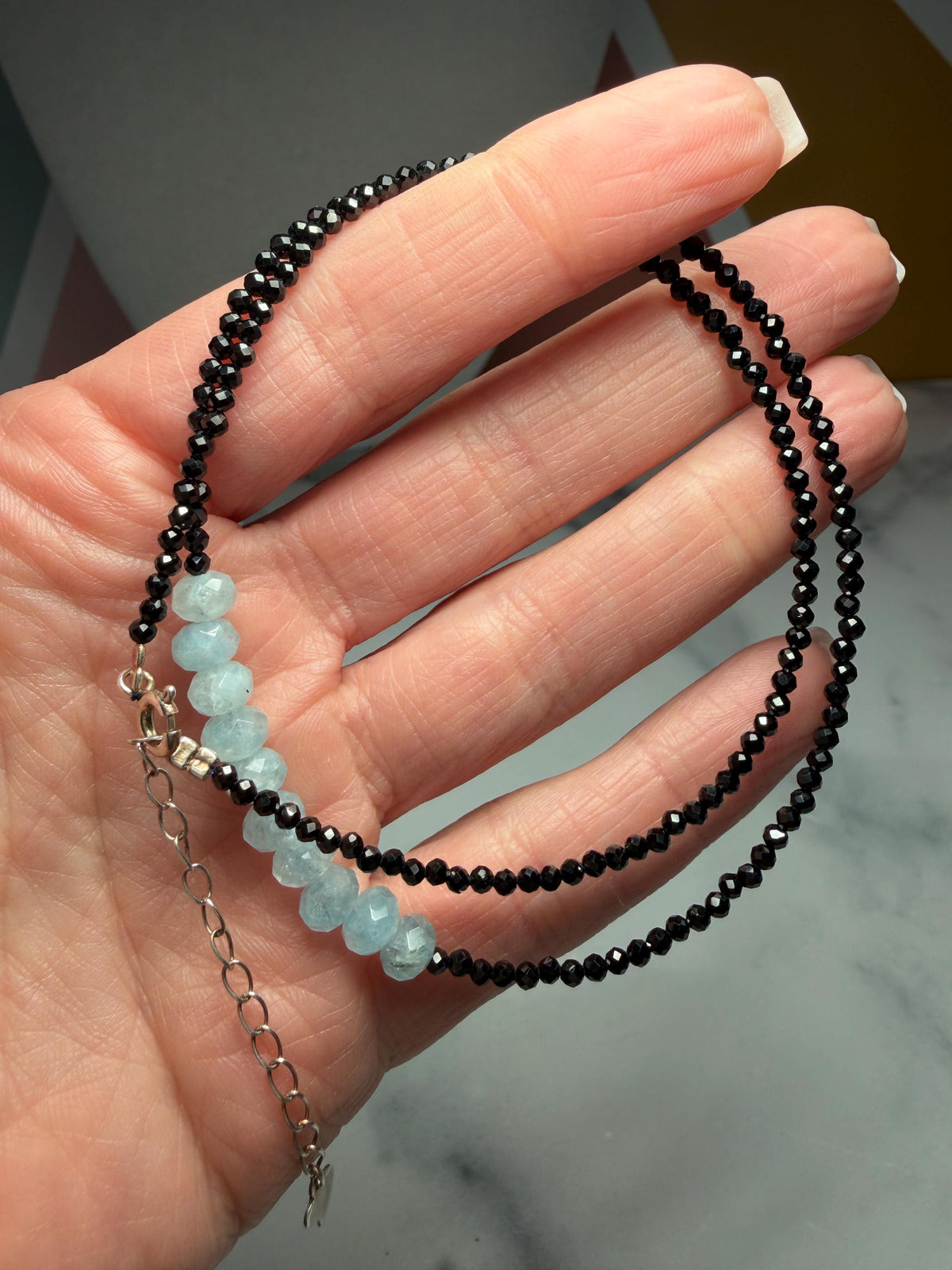 Faceted Black Spinel Aquamarine Sterling Silver Necklace (16 Inch + 2 Inch Extender)