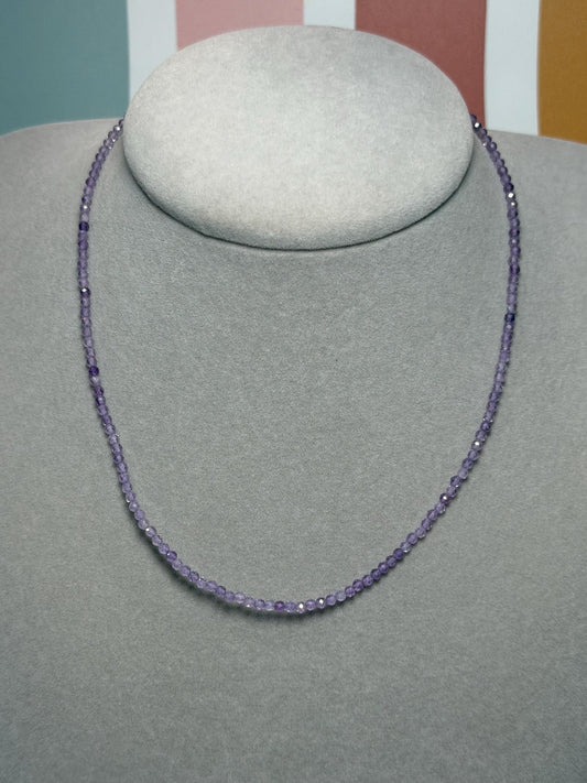 Faceted Amethyst Beaded Necklace, 925 Sterling Silver, Dainty Purple Gemstone, Adjustable Chain