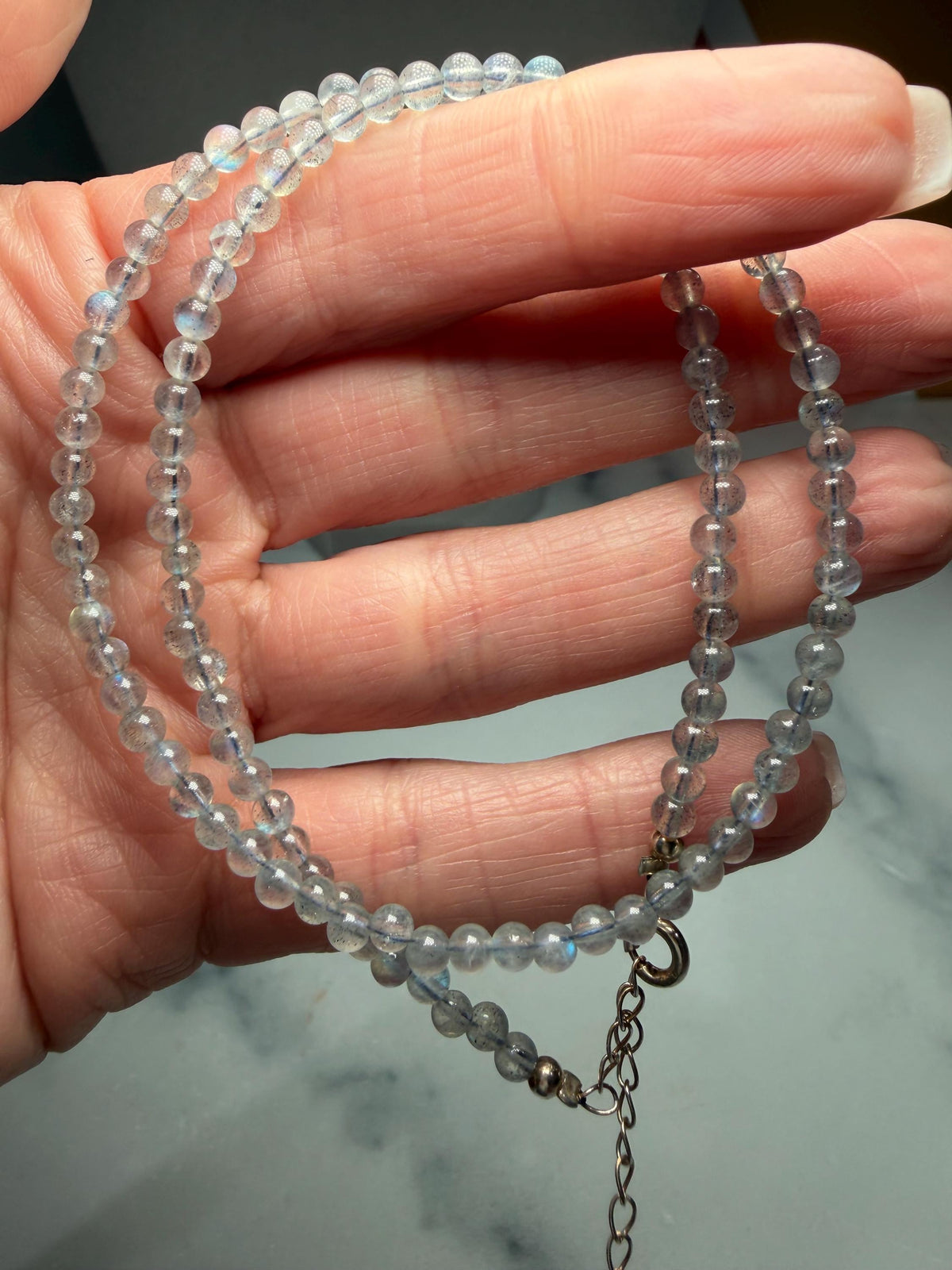 Dainty Beaded Labradorite Necklace, 925 Sterling Silver, Blue Gray Flash, Adjustable Chain