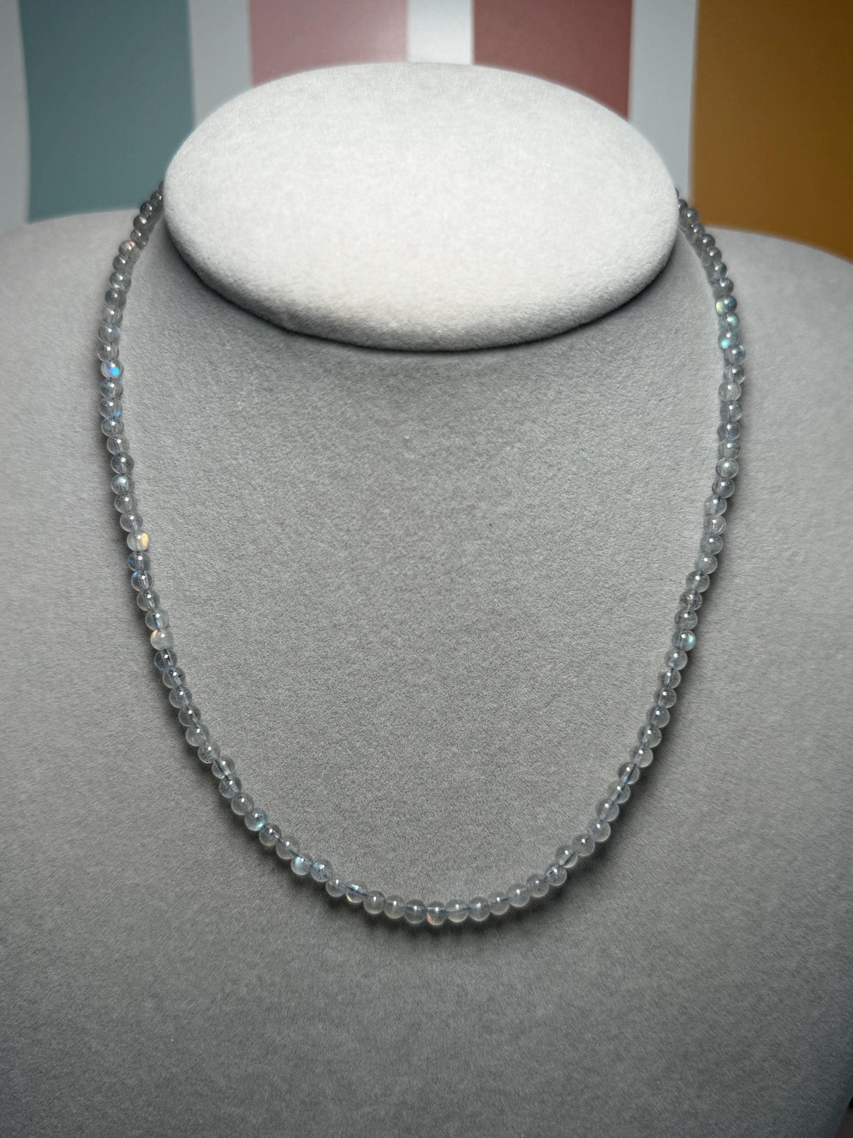 Dainty Beaded Labradorite Necklace, 925 Sterling Silver, Blue Gray Flash, Adjustable Chain