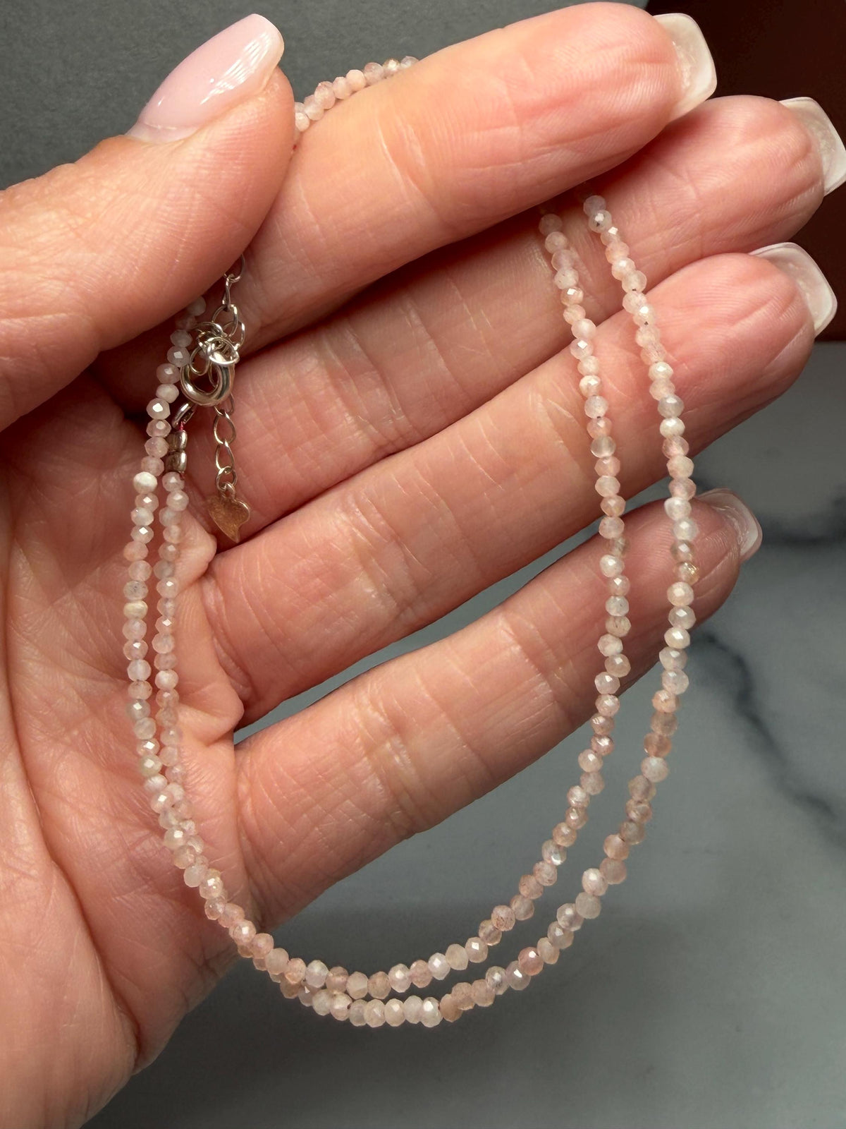 Faceted Sunstone Beaded Necklace, 925 Sterling Silver, Dainty Gemstone (15.5 Inch + 2 Inch Extender)