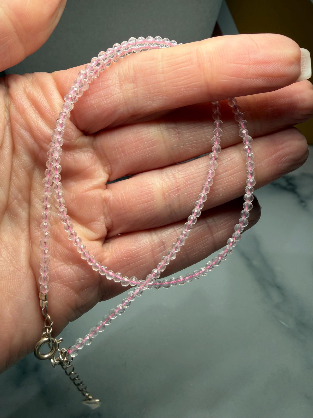 Faceted Rose Quartz Beaded Necklace, Sterling Silver Chain, Dainty Pink Gemstone, Adjustable Length