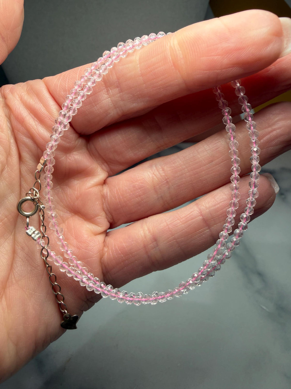 Faceted Rose Quartz Beaded Necklace, Sterling Silver Chain, Dainty Pink Gemstone, Adjustable Length