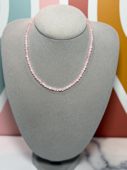 Polished Rose Quartz Beaded Necklace, 925 Sterling Silver, Pink Gemstone, Adjustable Chain
