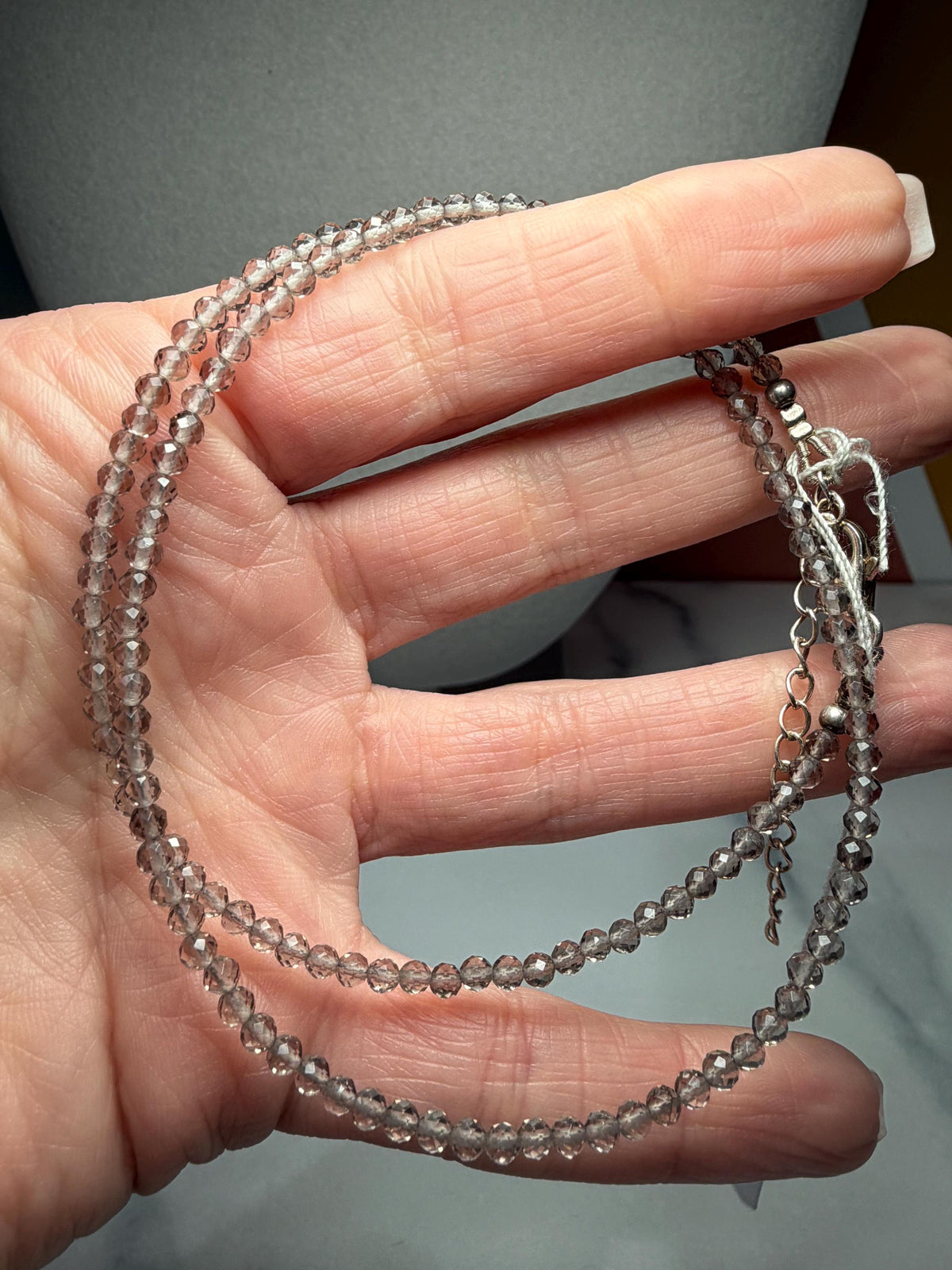 Faceted Smoky Quartz Beaded Necklace, Sterling Silver Chain, Dainty Brown Gemstone, Adjustable Length