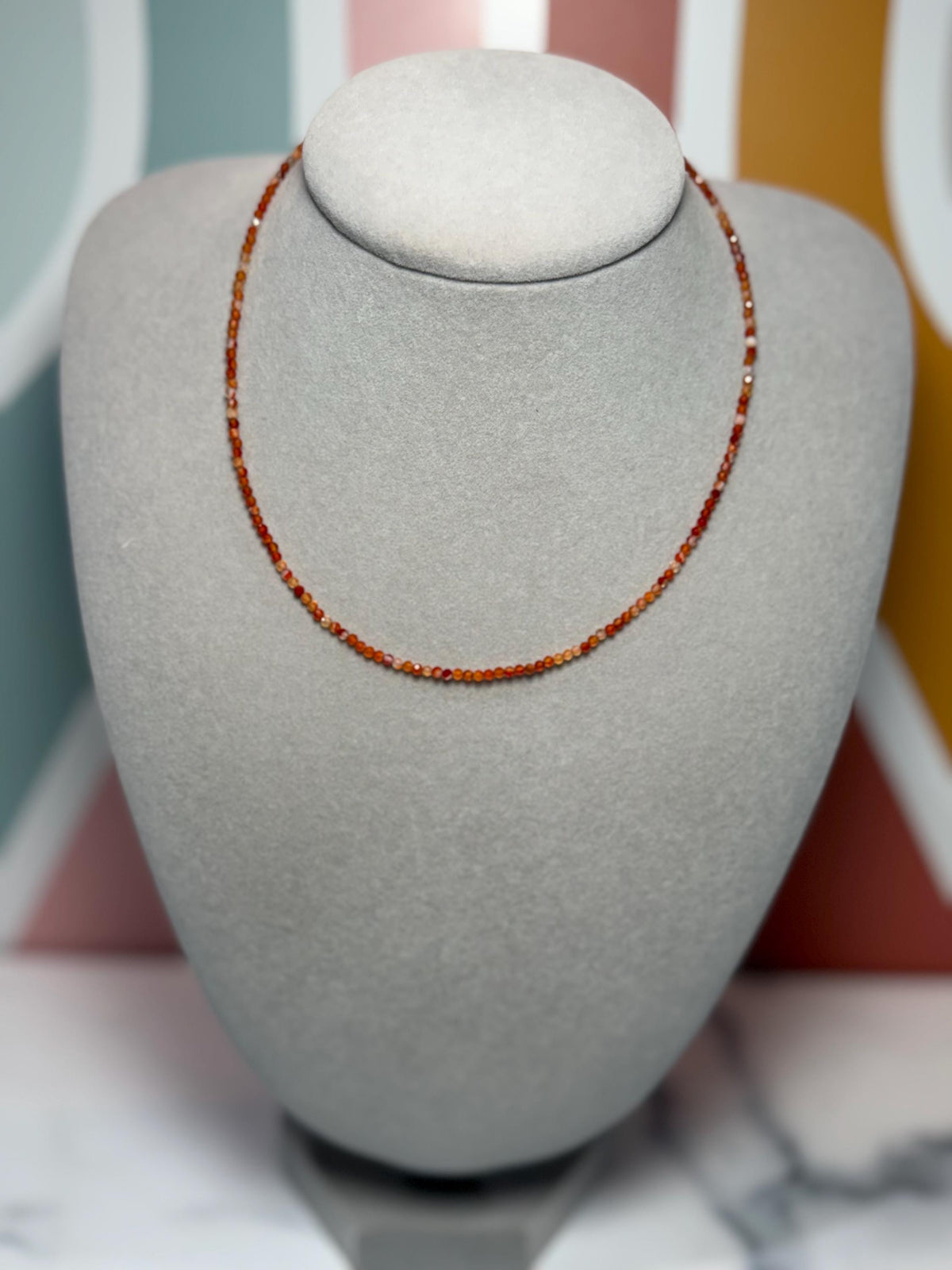 Faceted Carnelian Beaded Necklace, Sterling Silver Chain, Dainty Gemstone, 16 Inch (2 Inch Extender)