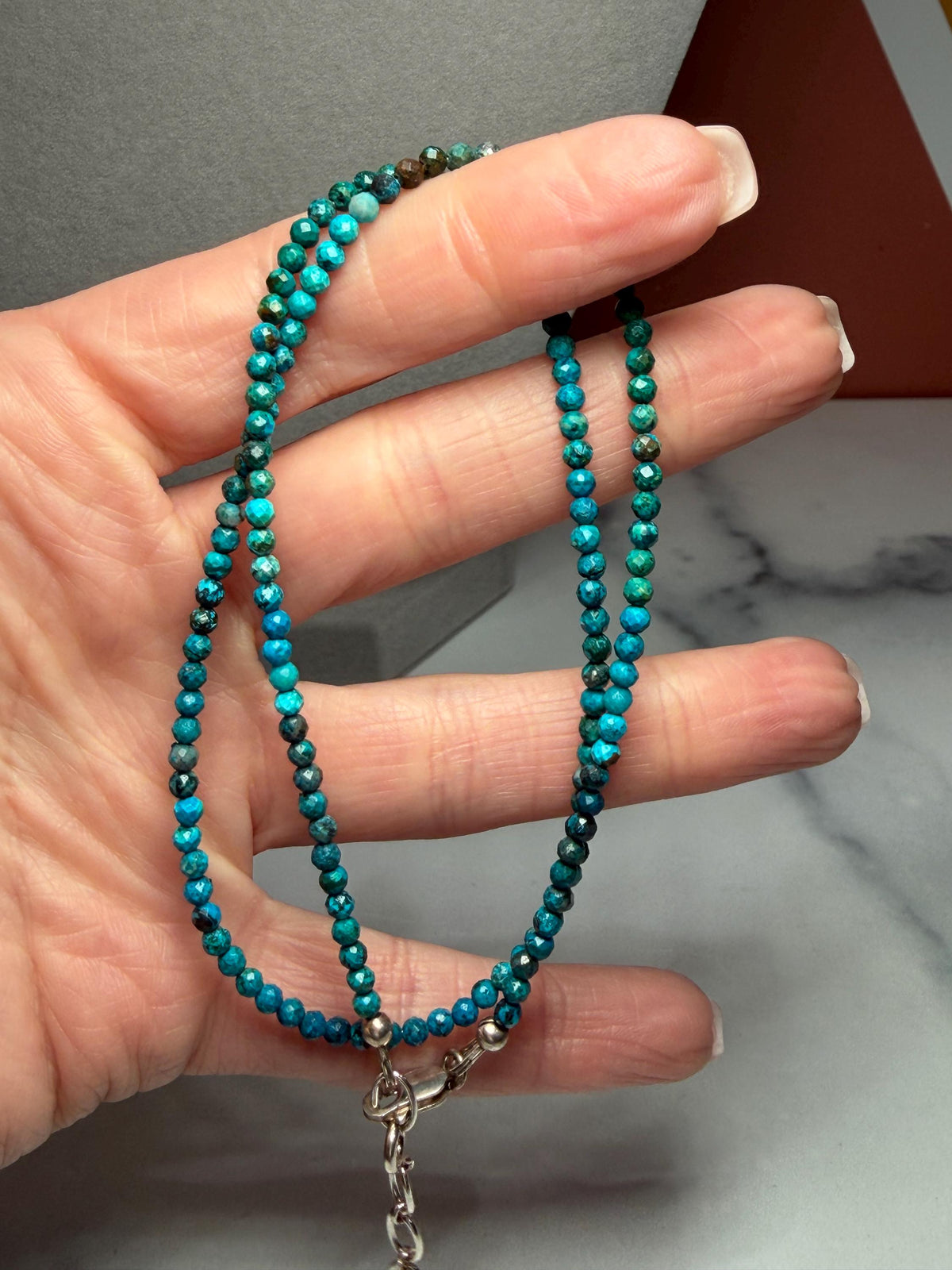 Faceted Chrysocolla Beaded Necklace, Sterling Silver Chain, Blue Green, 17 Inch (2 Inch Extender)