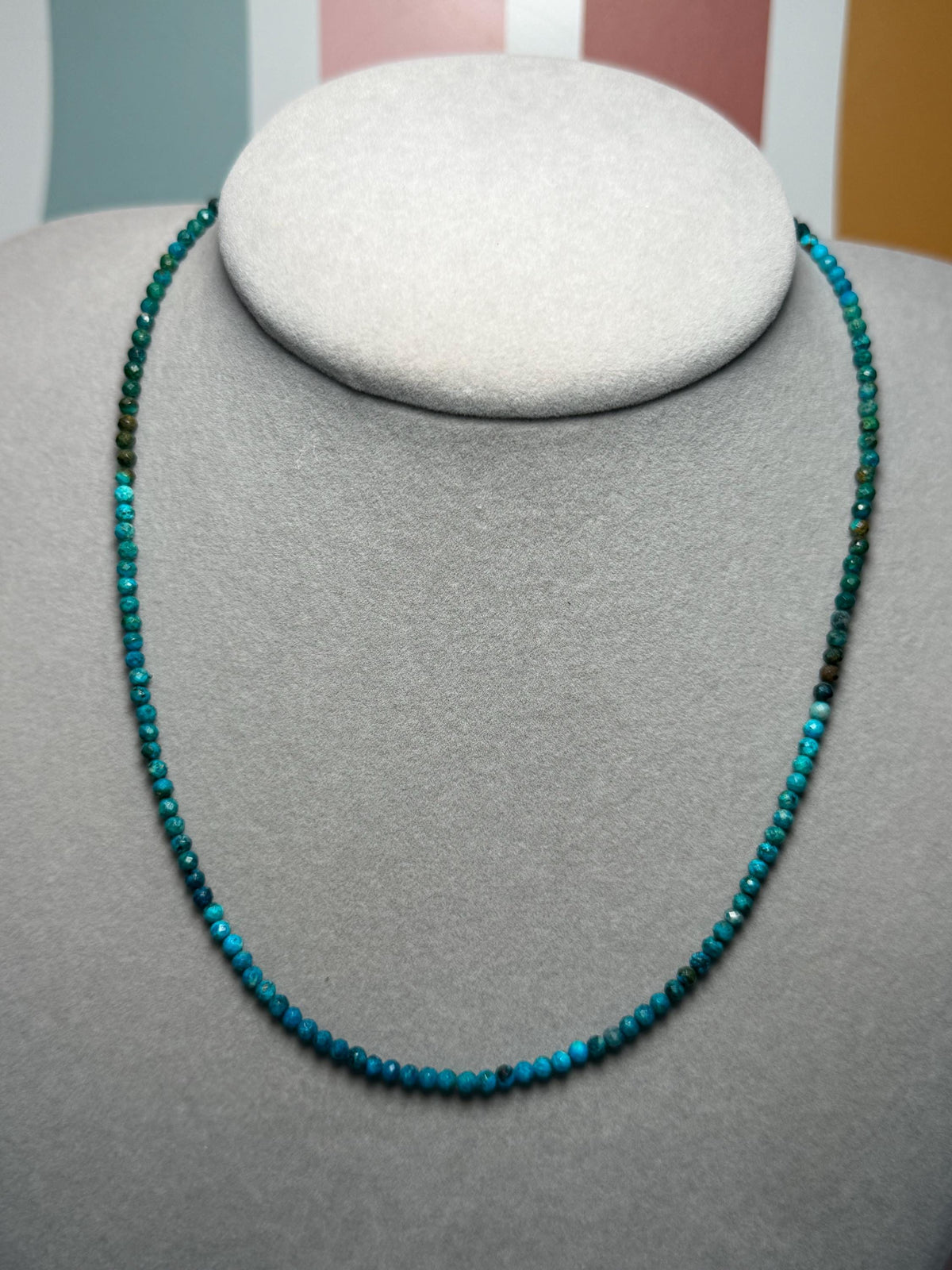 Faceted Chrysocolla Beaded Necklace, Sterling Silver Chain, Blue Green, 17 Inch (2 Inch Extender)