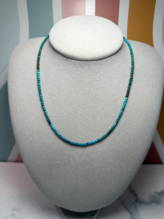 Faceted Chrysocolla Beaded Necklace, Sterling Silver Chain, Blue Green, 17 Inch (2 Inch Extender)
