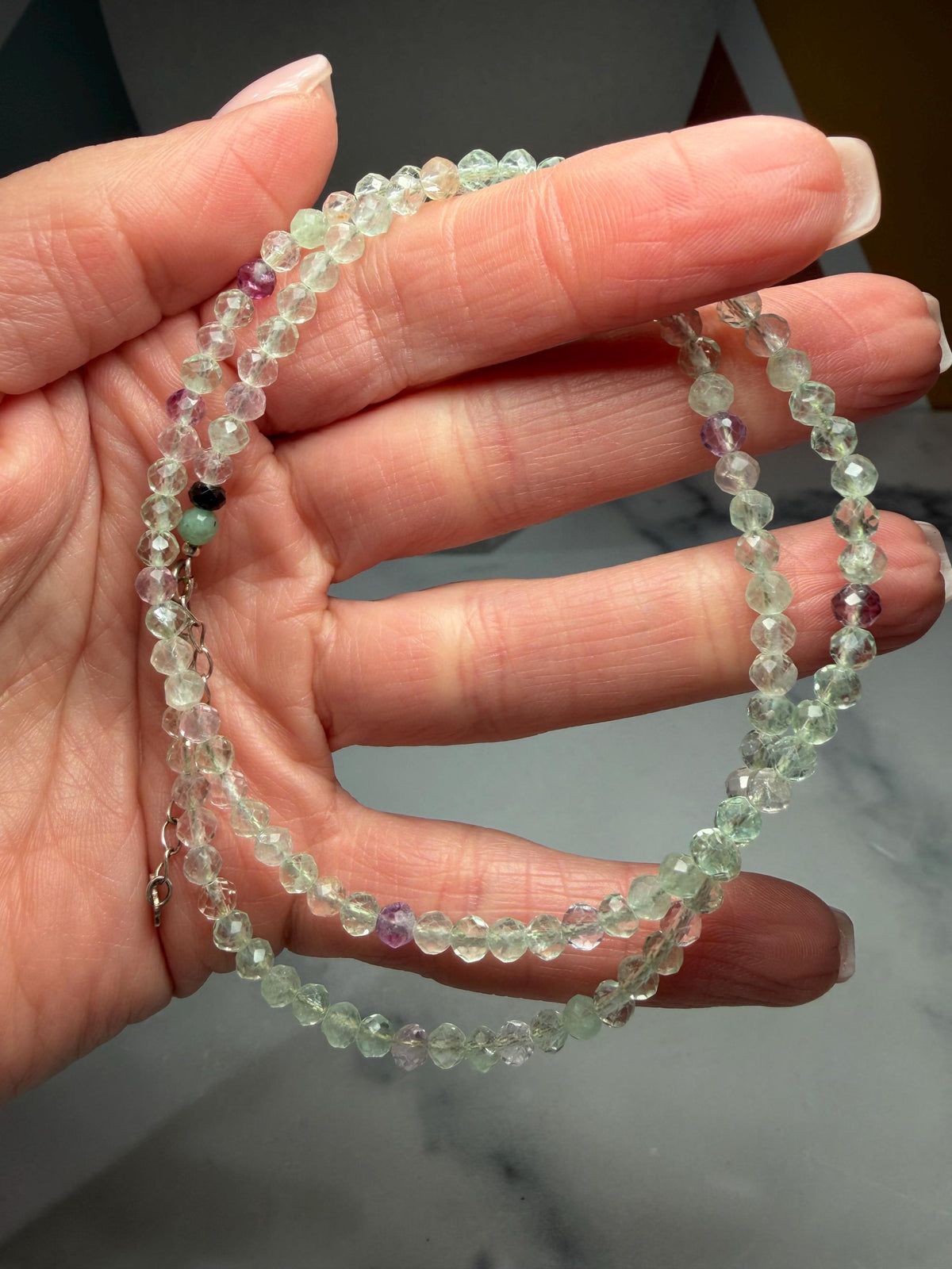 Faceted Fluorite Beaded Necklace, Sterling Silver Chain, Multicolor Gemstone, Adjustable Length