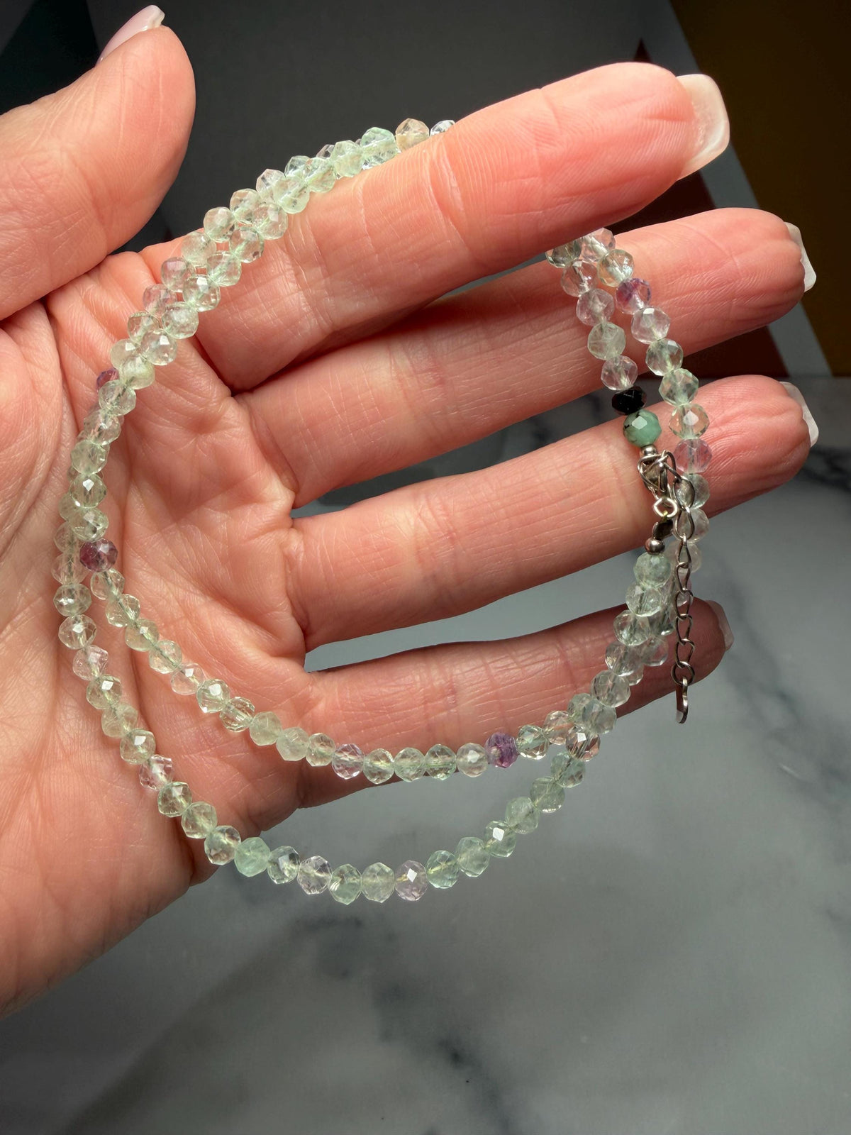 Faceted Fluorite Beaded Necklace, Sterling Silver Chain, Multicolor Gemstone, Adjustable Length