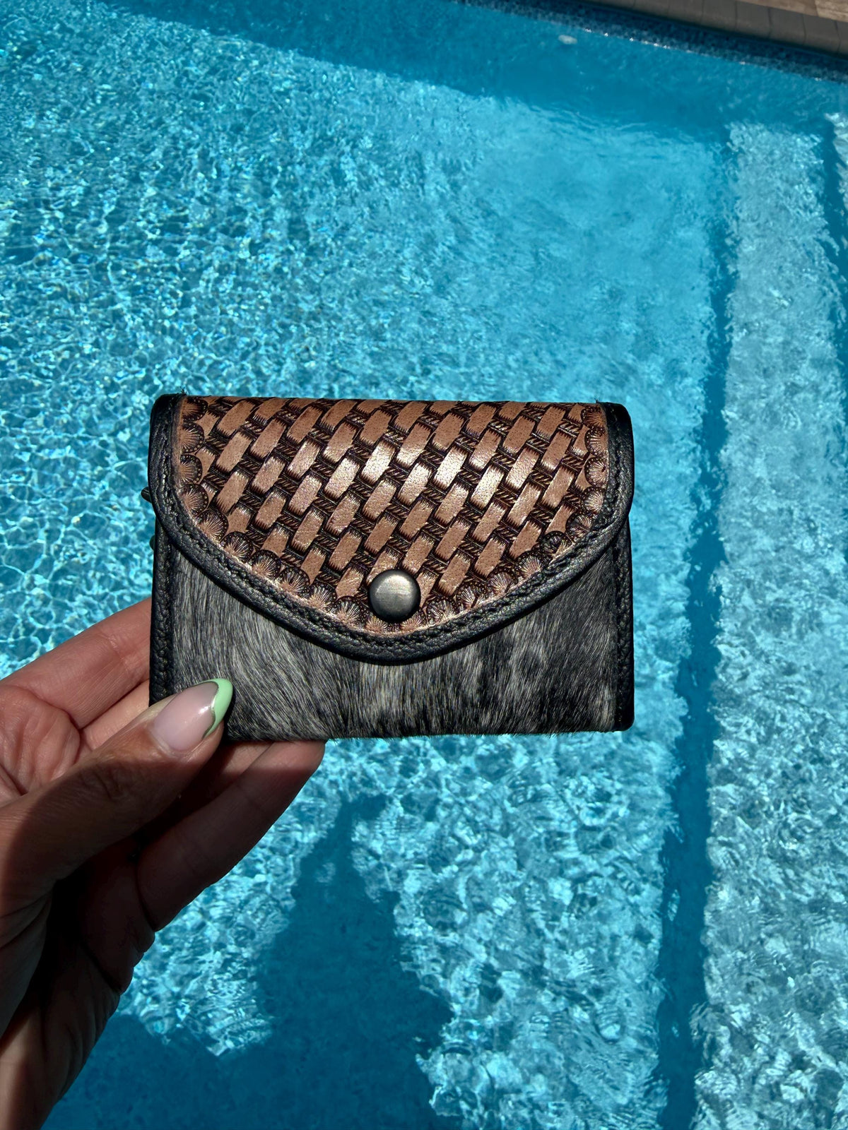 Hand-Tooled Brown Leather Hide Accordion Card Case | Snap Closure Wallet with Wrist Strap