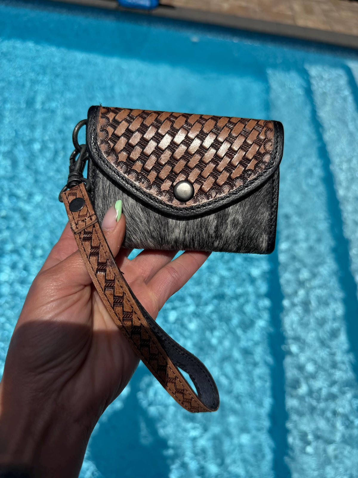 Hand-Tooled Brown Leather Hide Accordion Card Case | Snap Closure Wallet with Wrist Strap