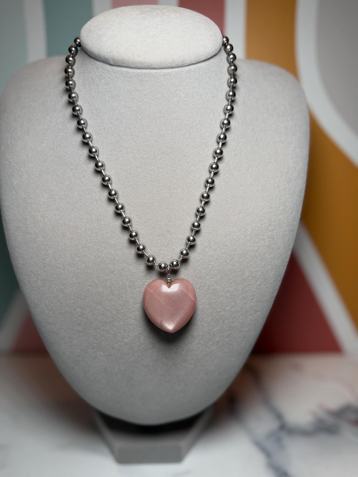 Sunstone Heart Necklace, Sterling Silver Ball Chain, Minimal Gemstone Jewelry