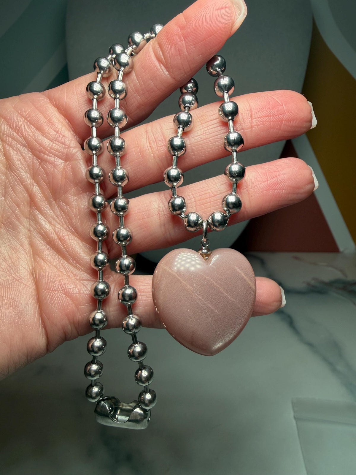 Sunstone Heart Necklace, Sterling Silver Ball Chain, Minimal Gemstone Jewelry