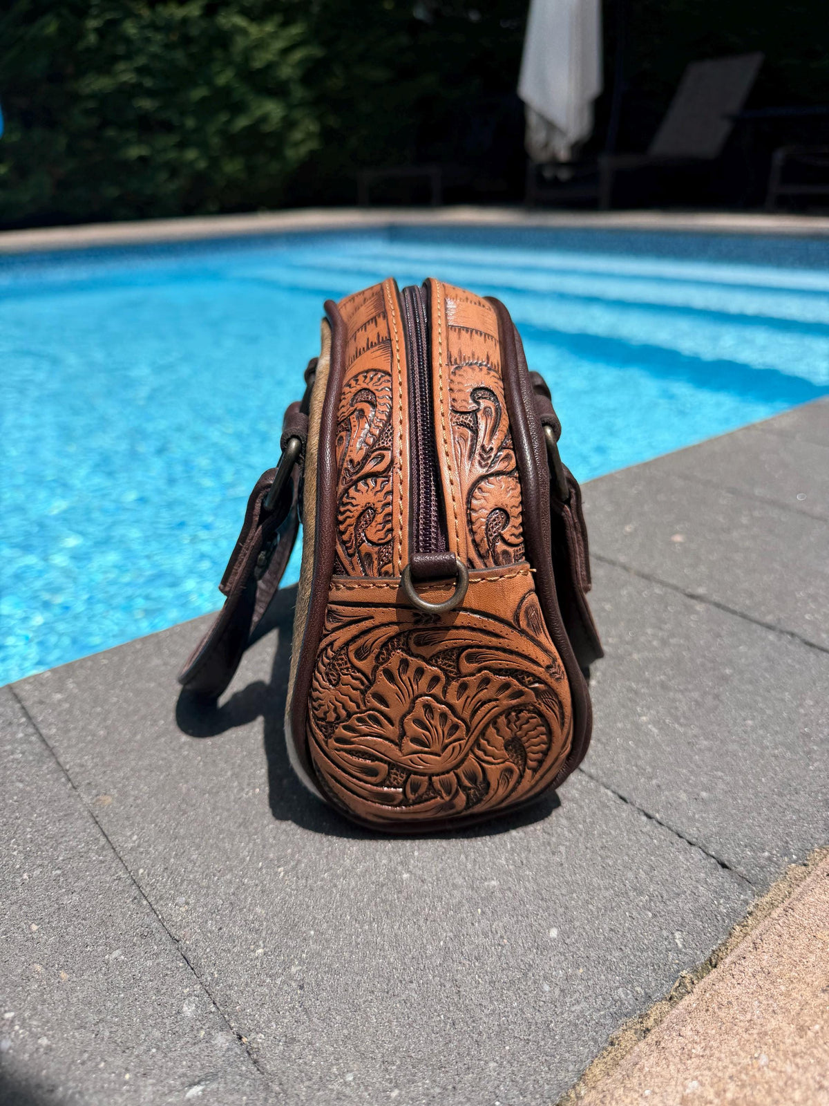Hair-on Hide Tooled Leather Taco Bag | Western Crossbody Handbag, Rustic Style