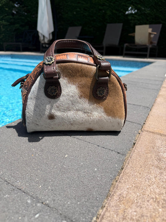 Hair-on Hide Tooled Leather Taco Bag | Western Crossbody Handbag, Rustic Style